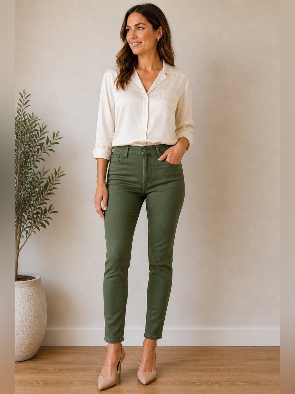NWT Market and Spruce High Rise Twill Jeans Pants Olive Green Size 12